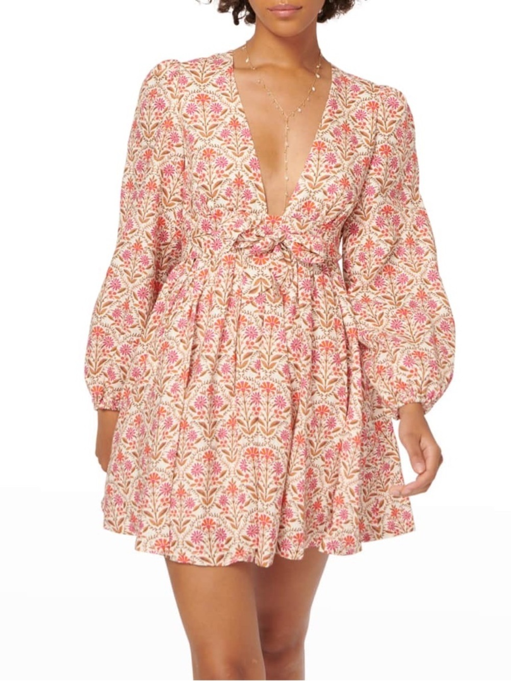 Cami NYC Meri Long Sleeve Floral Derp V Neck Mini Linen Dress Size Medium